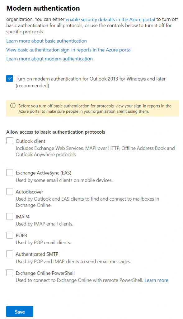 Exchange Online modern authentication and legacy options.