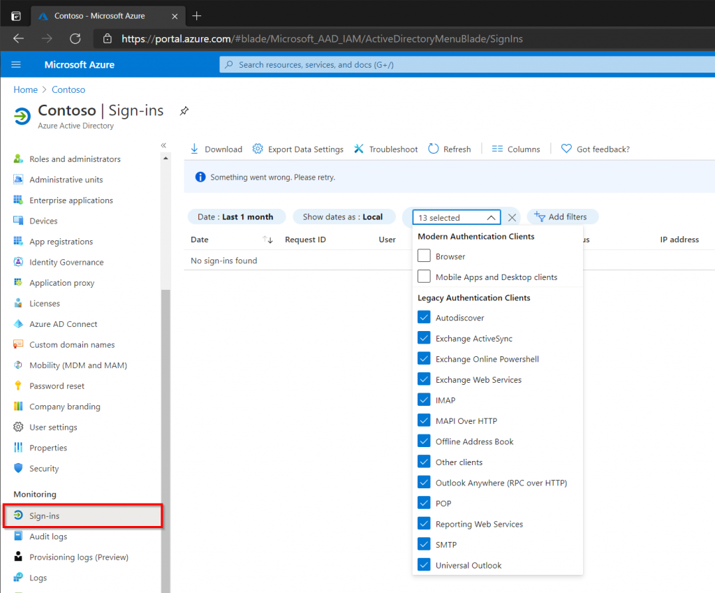 Displaying Legacy Sign-ins in the Azure Portal