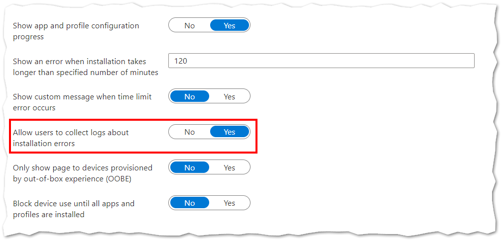 Enrollment Status Page allowing users to collect logs. 