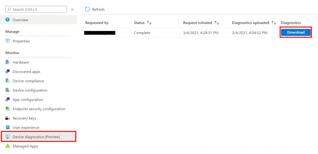 Downloading Device Diagnostics from Intune