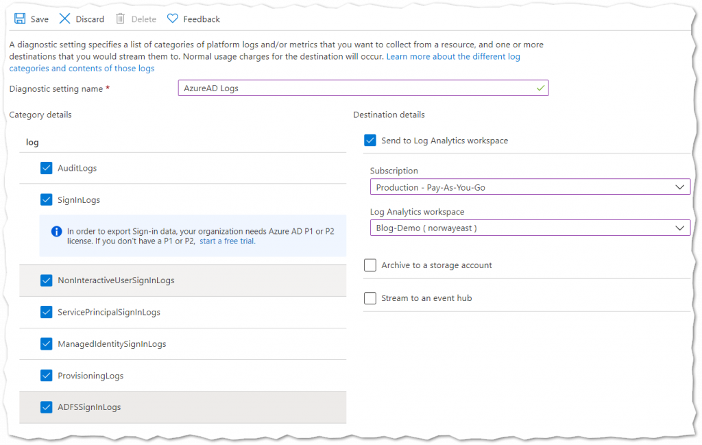 Forward Azure AD Logs to Log Analytics so that break glass accounts can be monitored.