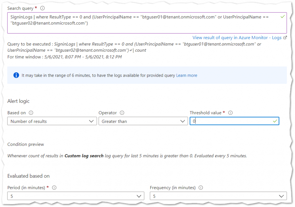 Azure Monitor Custom Log Search Query for Break Glass Accounts.