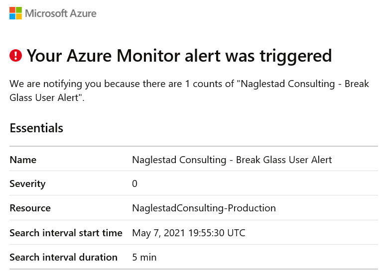Azure Monitor Break Glass Alert Email Example.