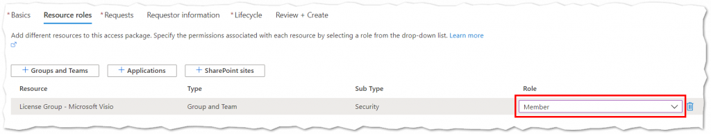 Entitlement Management, creating an Access Package Resource Roles.