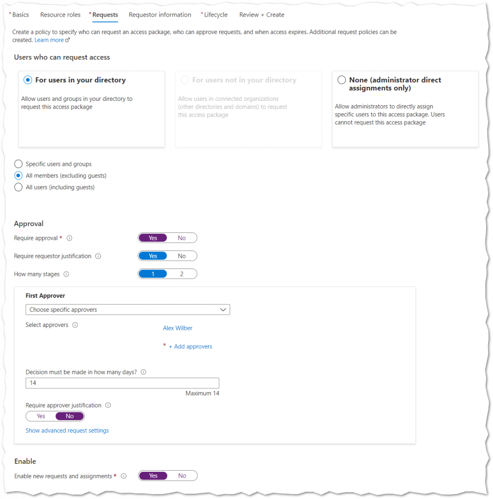 Entitlement Management, creating an Access Package Requests.