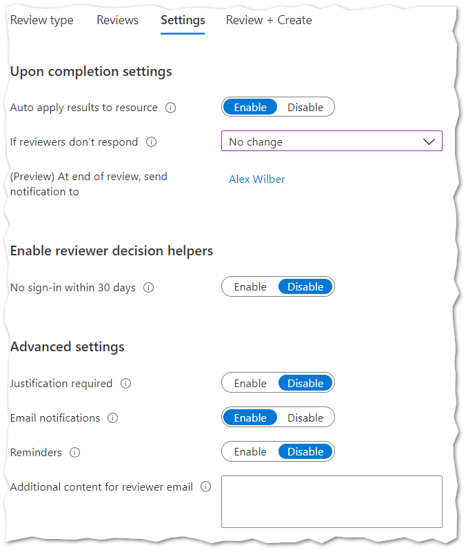 Creating an Access Review, Settings