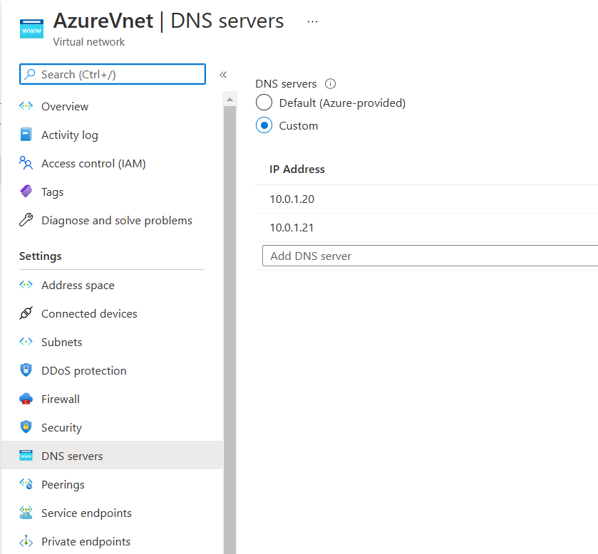 Set Custom DNS settings on Azure Vnet