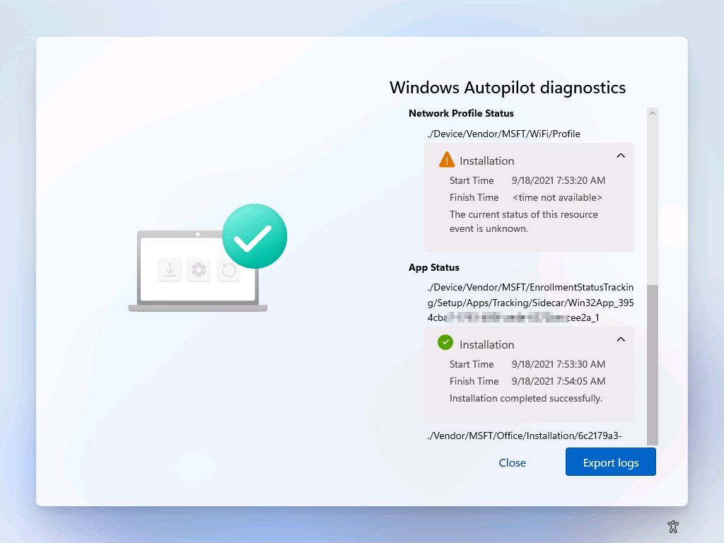 Windows AutoPilot Diagnostics Page showing App and Policies section. 