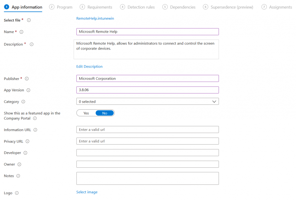 Remote Help application information in Intune. 